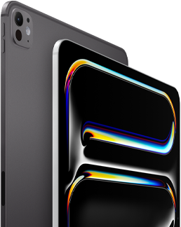 iPad Pro, Rückseite, Farbe Space Schwarz, Lautstärketasten und Pro Kamera-System, iPad Pro, Vorderseite, Farbe Silber, gerundete Ecken, schwarzer Displayrand, Display mit schwarzem Hintergrund und mehrfarbigen abstrakten Linienzeichnungen
