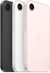 iPhone 17e, Seiten- und Rückansicht, Schwarz, Seiten- und Rückansicht, Weiß, Seiten- und Rückansicht, Hellrosa, Fusion Kamera oben, Seitentaste