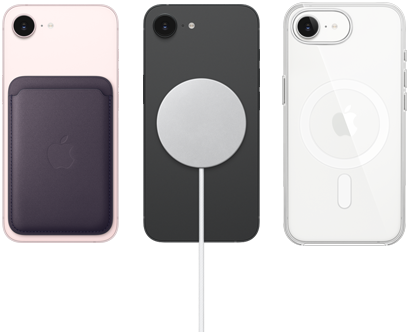 iPhone 17e i blekrosa med FineWoven-plånbok i färgen midnatt, iPhone 17e i svart med MagSafe-laddare, iPhone 17e i vitt med transparent skal med MagSafe
