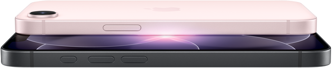 iPhone 17e, horizontale Seiten- und Rückansicht, Hellrosa, iPhone 17e, horizontale Seiten- und Vorderansicht, Schwarz